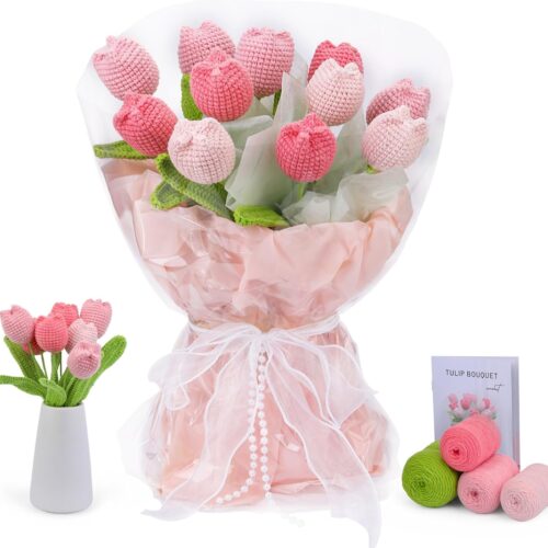 Crochet Kit for Beginners - Flower Bouquet With Step-by-Step Video Tutorials for Adults, Birthday, DIY Craft Home Decor (Pink)