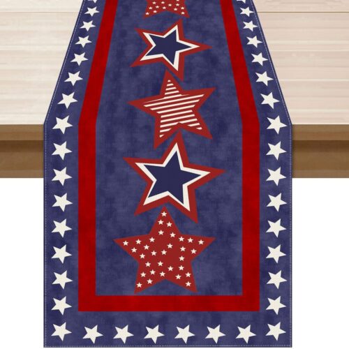 Blue Patriotic Red White Stars America 4th of July Memorial Day Independence Day Table Runner Decoration for Home Kitchen Holiday Party 13x72 Inch