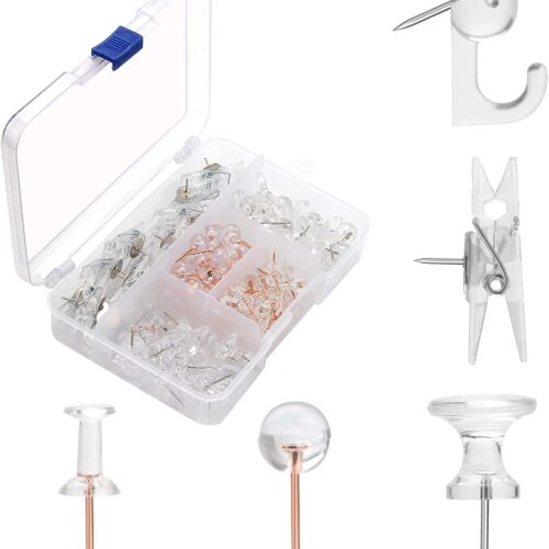 Clear Push Pins Set, 5 Styles 125-count Thumb Tacks Map Pins, Steel Point and Clear Plastic Head Pushpins Transparent Thumbtacks for Cork Board Bulletin Boards