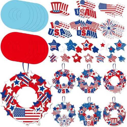 24 Sets 4th of July Wreath Crafts for Kids Bulk Patriotic Wreath Crafts Kit with American Flag Star Patriotic Hat Fireworks USA DIY Ornament for Independence Day School Art