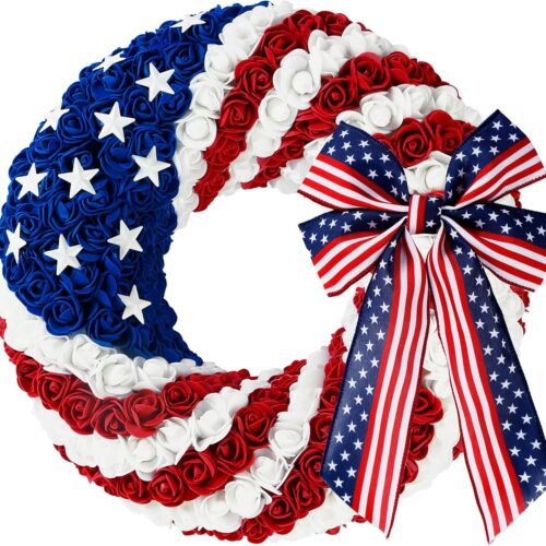 14Inch 4th of July Patriotic Day Wreath with Artificial Roses for Front Door Red Blue White Foam Flower with Star Patriotic Decorations for Memorial Day Independence Day Veterans Day