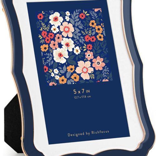 5x7 Enamel Picture Frame with HD-Tempered Glass, Display 4x6 Photo with Mat, Ornate Photo Frame with Metal Edge & Velvet Back for Tabletop & Wall Mount Vertically or Horizontally Display, Navy Blue
