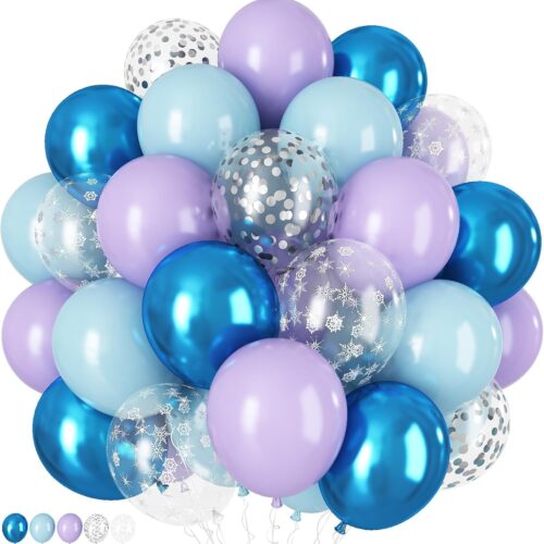 60Pcs Snowflake Balloons, Dusty Light Blue Purple Metallic Dark Blue Snowflake Clear Silver Confetti Latex Balloon for Girls Winter Wonderland Birthday Ice Baby Shower Christmas Party Decorations
