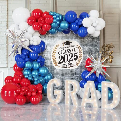 148PCS Red Blue White Balloon Arch Garland Kit with Silver Star Foil Balloons for Patriotic Party, 4th of July Decorations, Graduation, Baseball Birthday, Nautical, Labor Day