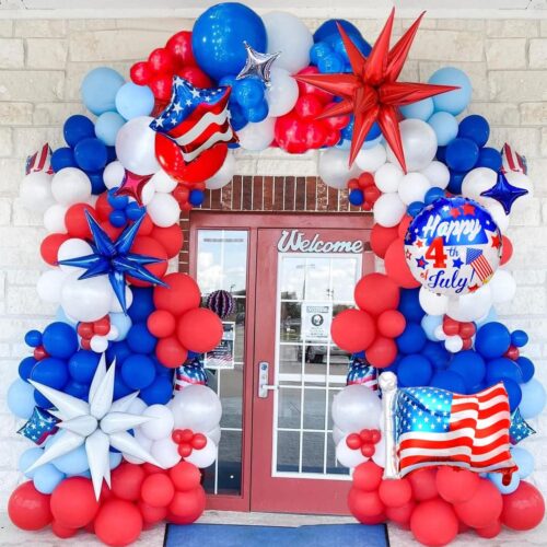 128 Pieces Total:12 latex balloons(12 in), 55 latex balloons(10 in),50 latex balloons(5 in),3pcs 4th of july Foil Mylar Balloons,3 pcs star Foil Balloons,3pcs explosive star Foil Balloons,1 pcs balloon strip, 1 pc roll glue dots. High-quality materials: All balloons are made of natural latex, thick and strong, non-toxic and harmless. All materials are made of high-quality, safe, very durable, non-toxic and reusable materials. Simple decoration: using the tools we provide, making Independence Day balloon garland kits is very simple. As long as it is matched with beautification balloon garlands of various sizes and colors, it can bring you amazing effects balloons will become simple and beautiful decorations. Use occasions: The perfect Independence Day balloon arch kit can be used for Fourth of July ,Veterans ,Memorial Day ,Patriotic Party. This Independence Day balloon arch kit is stunning for any occasion. You can hang it on the ceiling, stick it on the wall or hang it up as a background for the party.