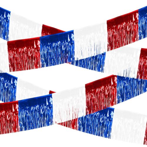 4th of July Decorations 4 Pack Tinsel Foil Fringe Garland Curtains Streamers Hanging Red White Blue Fringe Backdrop Banner for Parade Floats Decorations 4th of July America Patriotic Day Memorial Day