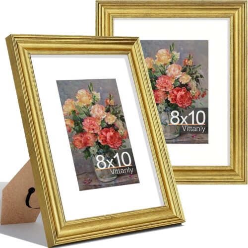 8x10 Picture Frames Set of 2, Ornate Vintage Photo Frame for Wall or Tabletop, Display 5x7 Pictures with Mat or 8x10 without Mat, Rustic Gold