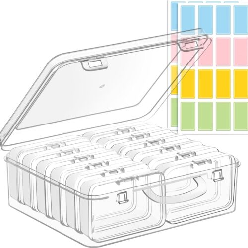 Small Bead Organizers and Storage, 12 Clear Plastic Boxes with Hinged Lids, for Beads, Jewelry Making, Crafts, Hardware, Fishing Tackle, Small Parts (32 Labels)