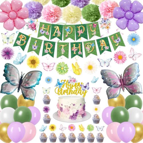 58Pcs Spring Party Decorations Flowers Butterfly Birthday Party Supplies with Sun Flower Butterfly Hanging Swirl Decorations Happy Birthday Banner for Spring Summer Baby Shower Garden Party Decor