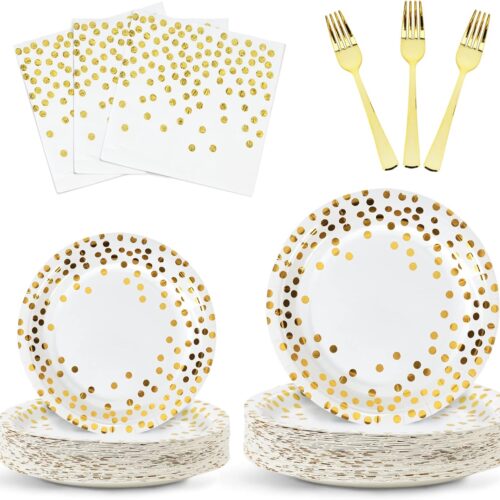 White and Gold Party Plates and Napkins Supplies,Disposable Party Dinnerware,Golden Dot Paper Plates,Napkins,Forks for Wedding,Birthday,Cocktail,Anniversaries,Engagements Serve 25