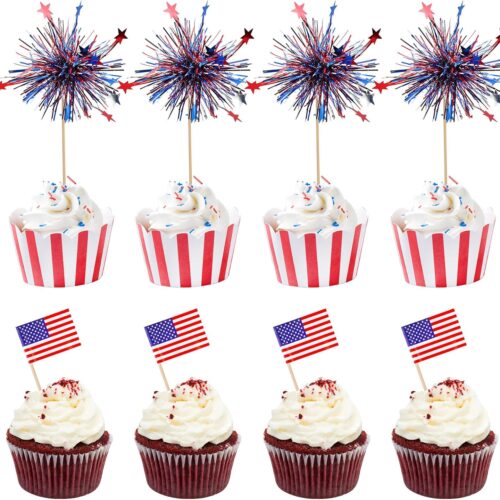 100Pcs American Flag Patriotic Cupcake Toppers, 4th of July Foil Firework Cupcake Toppers Tinsel Drink Cake Decoration Picks Independence Day Decorations Supplies Favor