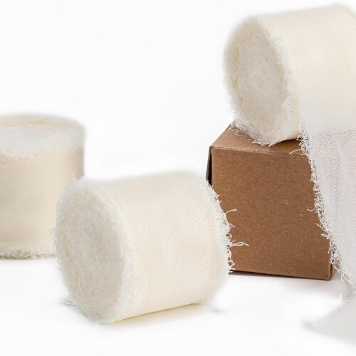 Ivory Handmade Chiffon Ribbon,1.5Inch x 3 Rolls Total 24 Yards Ivory Fringe Chiffon Silk Ribbon,for Wrapping Wedding Invitations,Bridal Bouquets,DIY Crafts,Home Decor and More