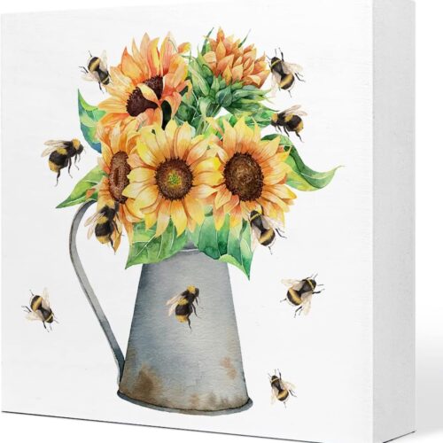 Farmhouse Sunflower Bouquet Honey Bees Wooden Plaque Sign,Rustic Sunflower Wood Block Sign for Country Home Office Garden Shelf Table Decorations,Summer Desk Decor