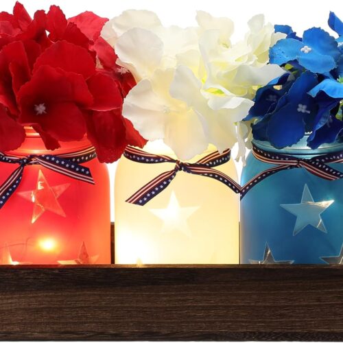 4th of July Patriotic Table Decoration Set Rustic Wood Tray with 3 Pcs Mason Jar Centerpieces with String Lights 3 Pcs Artificial Colorful Flower for Independence Day Centerpiece Labor Day