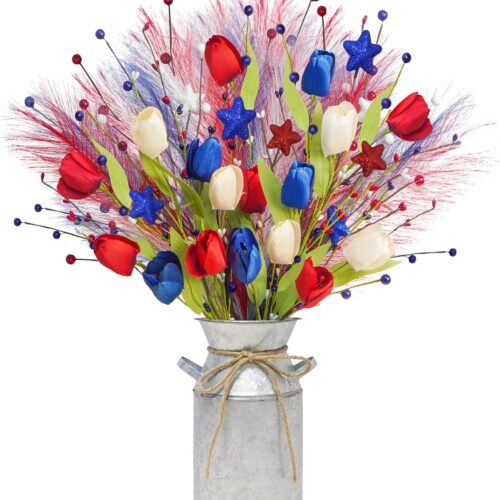 20in Patriotic Artificial Berry Stem Picks in Vase, 10pcs Red White and Blue Flowers Branches with Tulips Stars Pampas 4th of July Centerpieces for Tables Independence Day Memorial Day Decor