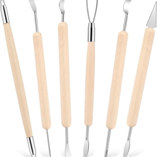 6 PCS Clay Sculpting Tools, Clay Carving Tools Double-Sided Stainless Steel Clays Modeling Tool Pottery Carving Tool with Comfortable Smooth Wood Grip for Ceramic Molding DIY