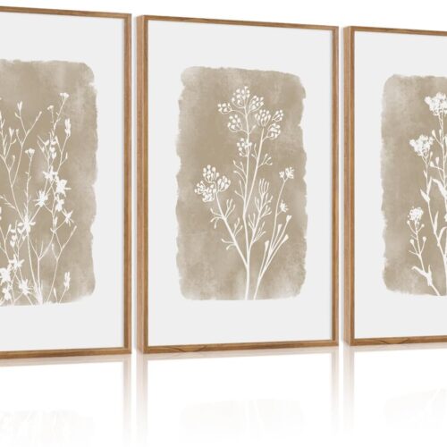 Vintage Floral Framed Canvas Wall Art Set of 3, Minimalist Wall Decor, Nature Inspired Wildflower Wall Painting, Neutral Botanical Flower Art Prints for Dining Room Bedroom Decor(12X16 Inch)