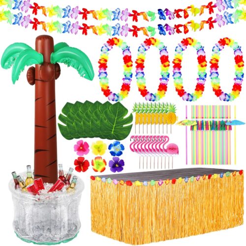 70 Pack Luau Party Decoration Hawaiian Beach Theme Party Favors 60 Inches Inflatable Palm Tree Cooler With Luau Party Supplies for Hawaiian Party