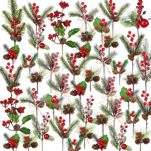 50 Pieces Christmas Floral Picks Christmas Artificial Snowy Berry Picks Stems Small Faux Cedar Pine Needles Branche with Pinecones for Floral Arrangement Wreath Garland Greenery(Red)