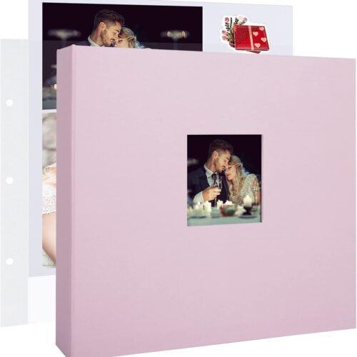 12x12 Inch Large 3 Ring DIY Scrapbook Photo Album Journal with 30 Plastic Sleeves 60 Pages and Fabric Cover for Baby Travel Wedding Couple Anniversary kids Adventure (Pink Cover/White Pages)