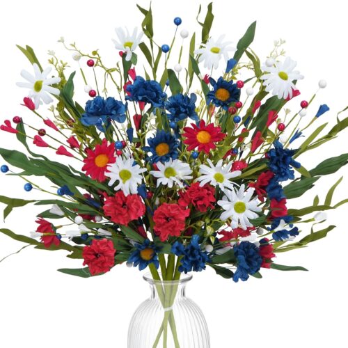 Patriotic Artificial Flowers Red White and Blue Flowers 4th of July Flowers Silk Flowers Arrangement for Memorial Day Independence Day Home Party Centerpiece Vase Decor (4PCS)