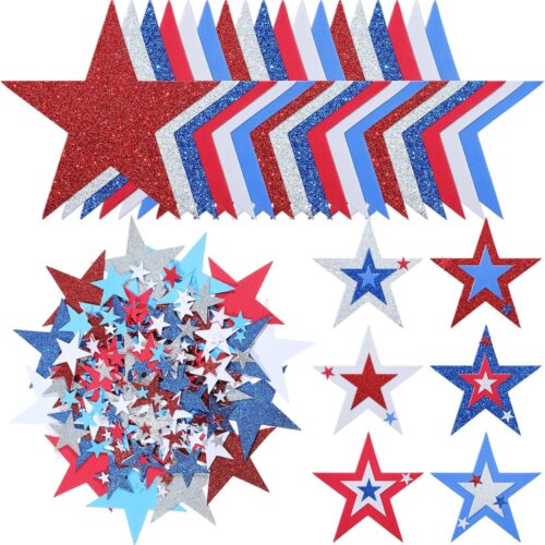 224 Pieces Red White Blue Glitter Stars Patriotic Foam Stickers for Independence Day 4th of July Decorations Christmas Kid's Arts Craft