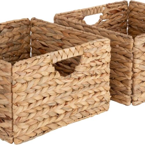 Premium Natural Handwoven Portable Laundry Bin Basket with Carrying Handles, Household Storage for Clothes, Linens, Sheets, Toys, Natural Water Hyacinth, Rectangular (2-Pack)