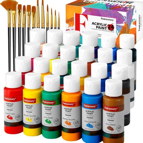 Acrylic Paint Set, 24 x 60 ml with 12 Brushes; Christmas Acrylic Paint, Waterproof; For Artwork & DIY Projects on Canvas, Wood, Glass, Clay, Fabric, Ceramic, Paper, Canvas