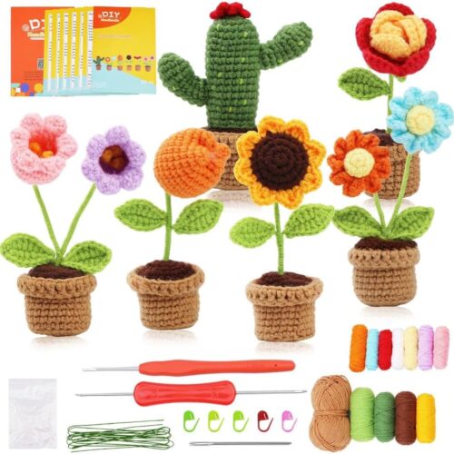 Beginner Crochet Kit for Adults | Crochet Plants Set of 6 Potted Plant Family | Crochet Kits for Starters | Crochet Flowers | Stitch-by-Stitch Video Tutorial | Gift for Kids (12+)