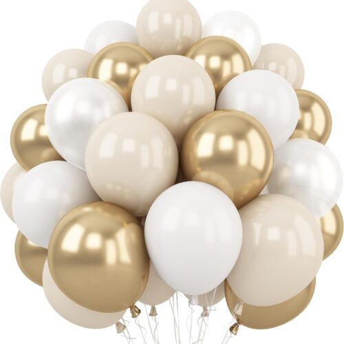 White and Gold Balloons, 12 Inch White Sand Gold Metallic Latex Balloons, Beige Gold Party Balloons for Boho Birthday Baby Shower Engagement Wedding Anniversary Party Decorations