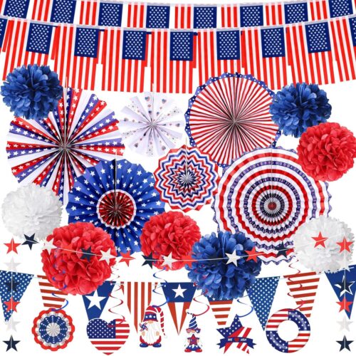 34Pcs 4th of July Decorations Fourth of July Party Supplies - USA Flag Stars Banner, Fourth of July Accessories Outdoor, Paper Fans Pom Poms Hanging Swirls for Veterans day,Labor Day,Presidents Day