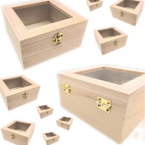 10 pc Set Unfinished Wood Craft Box with Window for Arts, Crafts and Birthday Party Favor DIY