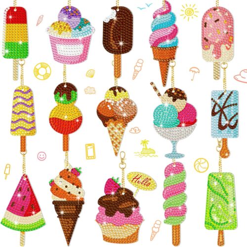 15 Pieces Summer Diamond Painting Keychain Kits 5d Ice Cream Diamond Art Keychains DIY Painting Kit Summer Hanging Diamond Art Kits Diamond Art for DIY Crafts