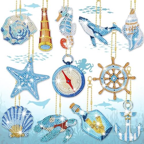 15 Pcs Summer Ocean Diamond Painting Keychains Kits 5D DIY Summer Diamond Art Painting Keyrings Sea Animals Theme Key Chains for Beach Party Crafts Ornaments
