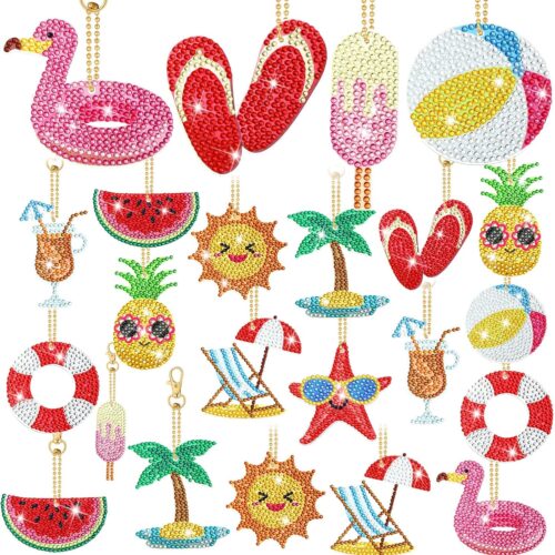 24 Pcs Summer Diamond Painting Keychain Kits 5d DIY Hanging Diamond Art Ornaments Flamingo Pineapple Summer Beach Diamond Decorative Crafts