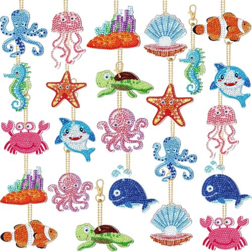 24 Pcs Ocean Diamond Painting Keychains Kits 5D Summer Diamond Art Keyrings Sea Beach Painting Gem Keychains Crafts for DIY Birthday Gifts