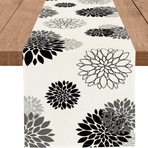 Black Gray Table Runner Dahlia Pinnata Flower Beige Table Runners Modern Elegant Pompon Farmhouse Geometric Coffee Table Center Decor for Home Kitchen Dining Party 13 x 72 Inch