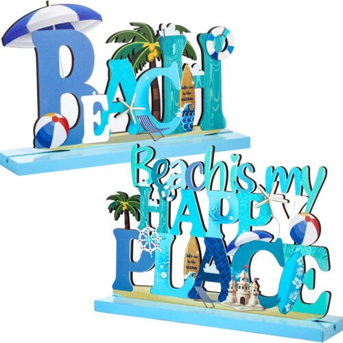 2 Pcs Beach Sign Ocean Sea Animal Party Decor Beach Is My Happy Place Plaque Sign Wooden Table Decorations for Coastal Theme Interior House Home Bathroom Decor, 7.87 x 4.72 Inch