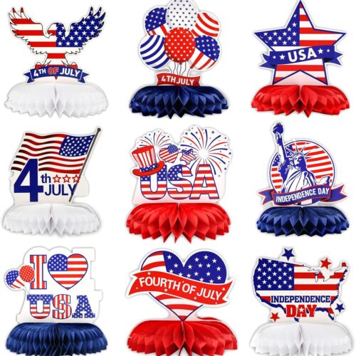 9 Pieces Fourth of July Patriotic Honeycomb Centerpieces Decorations. American Flag USA Balloons Statue of Liberty Patterns Table Topper Ornaments Signs Party Decorations