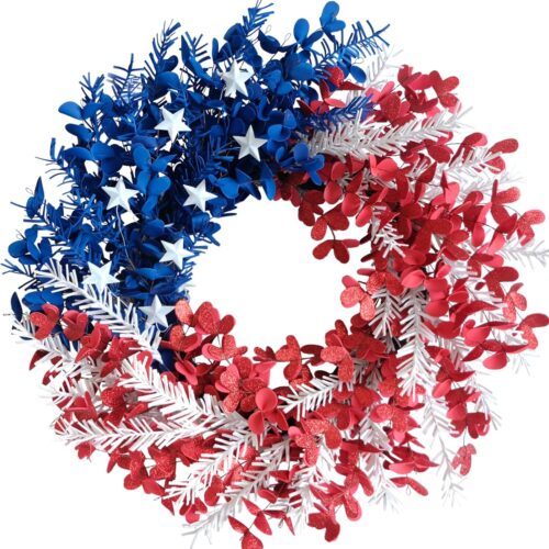 4th of July Wreath 22 inch, Patriotic Wreath for Front Door, Red White Blue Leaves Metal Stars Independence Day, Memorial Day Americana Decor