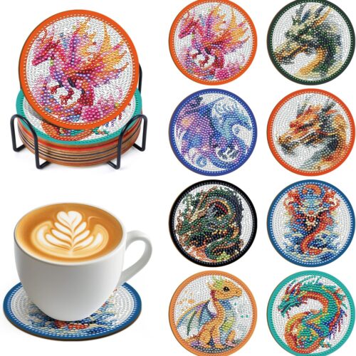 Dragon Diamond Art Coasters - 8 Pcs 3D Diamond Painting Kit for Adult DIY Rhinstone Gem Art Crafts Making Kit