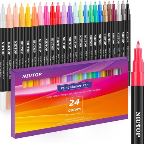 Acrylic Paint Pens for Rock Painting, 24 Classic Colors Paint Markers for Stone, Ceramic, Easter Basket Christmas Stocking Stuffers Pumpkin Painting Decorating Kit, Craft Art Supplies, Fine Tip