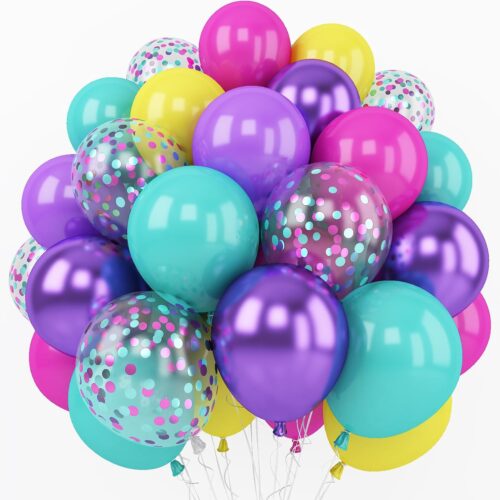 Pink Blue Purple Balloon, 60 Pcs 12 Inches Hot Pink Metallic Purple Teal Yellow Balloons Confetti Balloons for Kids Magic Theme Birthday Decoration Baby Shower Engagement Party Supplies