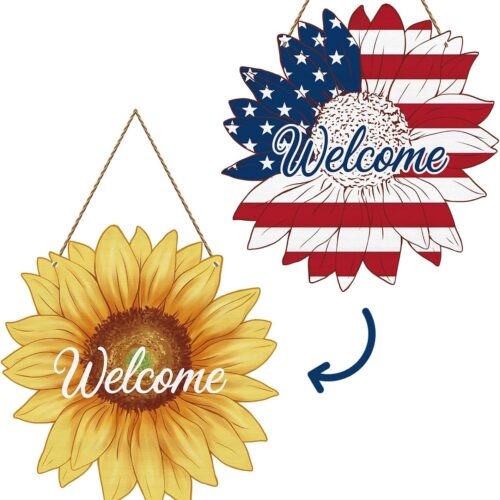 4th/Fourth of July Decorations Patriotic Welcome Wreath for Front Door Red White and Blue Sign, Sunflower Welcome Sign Double-Sided Design Memorial Day Independence Day Summer Autumn Porch Home Wall Outside Decor
