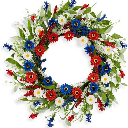 22 Inches Patriotic Wreath 4th of July Wreaths for Front Door Independence Day Wreath with Red White and Blue Wildflowers Wheat for Wall Window Porch Flag Memorial Independence Day Decoration