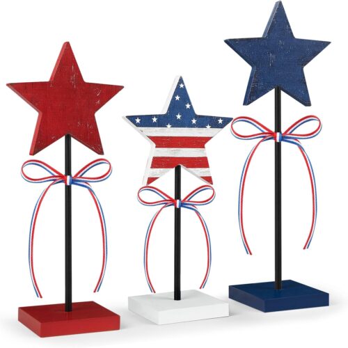 4th of July Tiered Tray Decor Wooden Star Set, 3 Pcs Memorial Day Table Decorations, Rustic Patriotic Tabletop Home Decor, Red White and Blue Decorations for Home (Retro)