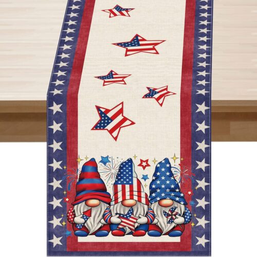 4th of July Table Runner Gnome Stars Patriotic America Memorial Day Independence Day 13x72 Inch Dining Table Decoratios Indoor Outdoor Home Decor