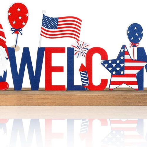 Patriotic/ 4th of July Metal Sign Rustic Table Decor Holiday Tiered Tray Decor with Wooden Base Freestanding Metal Word Sign for Home Tabletop Centerpiece Mantel Shelf Fireplace