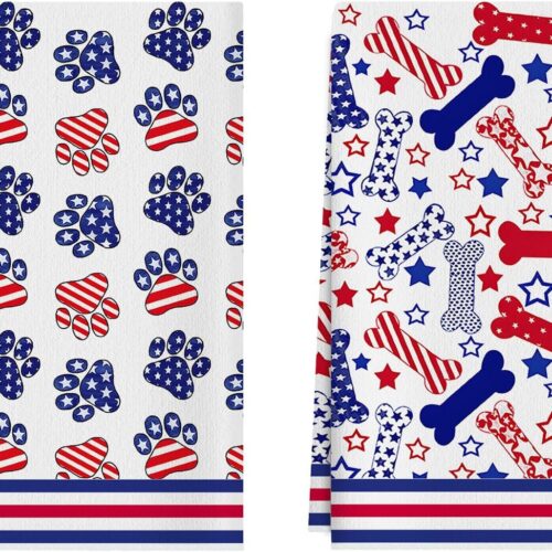 Dog Paws Bones Stars America Patriotic 4th of July Memorial Day Independence Day Kitchen Towels Dish Towels 18x26 Inch Home Decorations Hand Towels Set