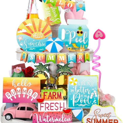22 Pieces Summer Tiered Tray Decor Sets Farmhouse Hello Summer Wood Sign Rustic Beach Home Decor Summer Table Decorations Small Hawaiian Wooden Plaque for Shelf Kitchen Tabletop (Printed Style)